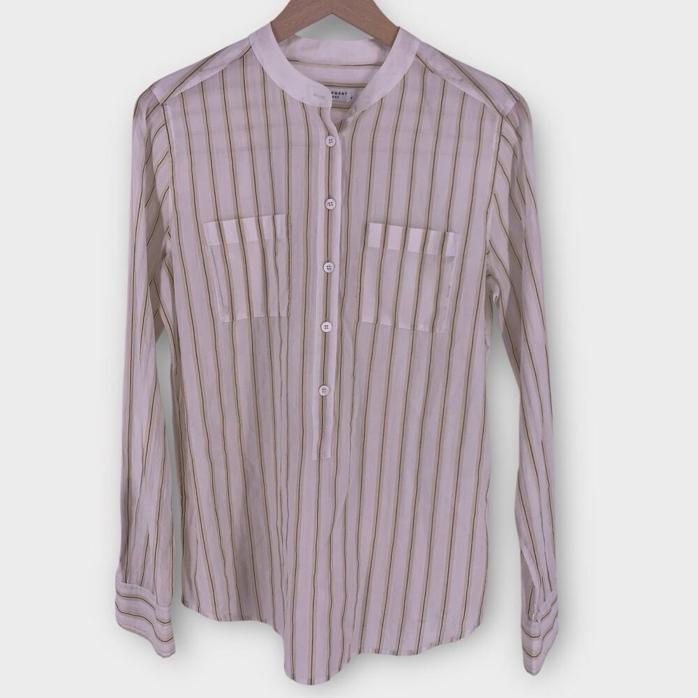 Equipment Femme Ava Blouse Striped Cotton Popover Band Collar Stripe Ivory Tan S